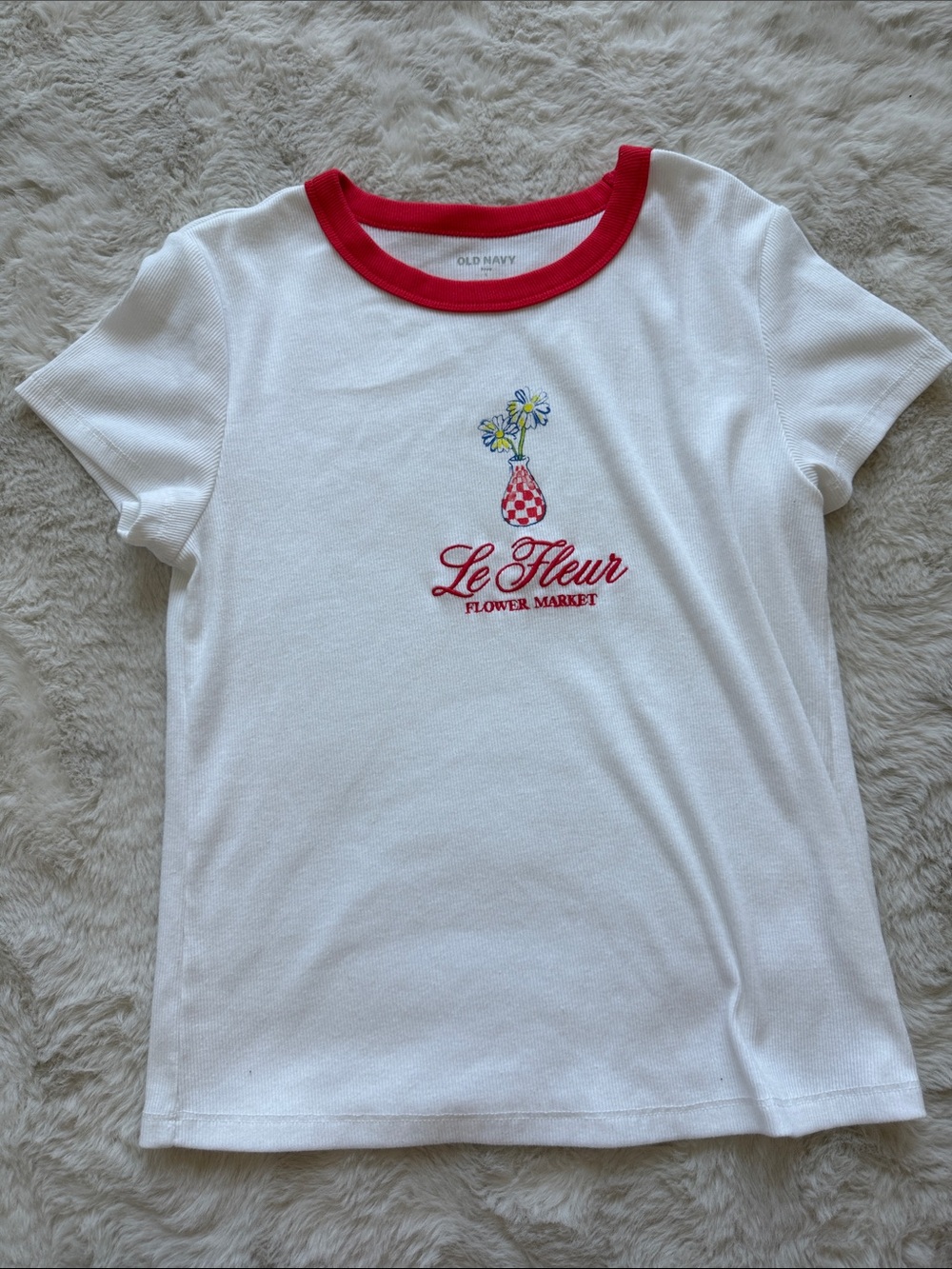 Old Navy White Tee with Red Ringer and Floral Vase Graphic
